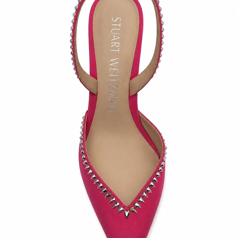 Stuart Weitzman Women’s Suede Pink Pointed Slingback Heels with Cristal Studs